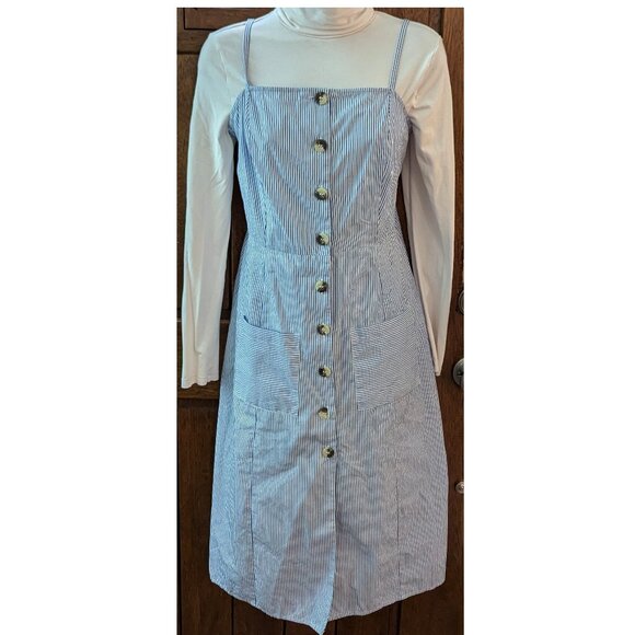 ASOS Blue Striped Button Up Spaghetti Strap Dress w/ Pockets (Women's Size 6 US) - Picture 2 of 7